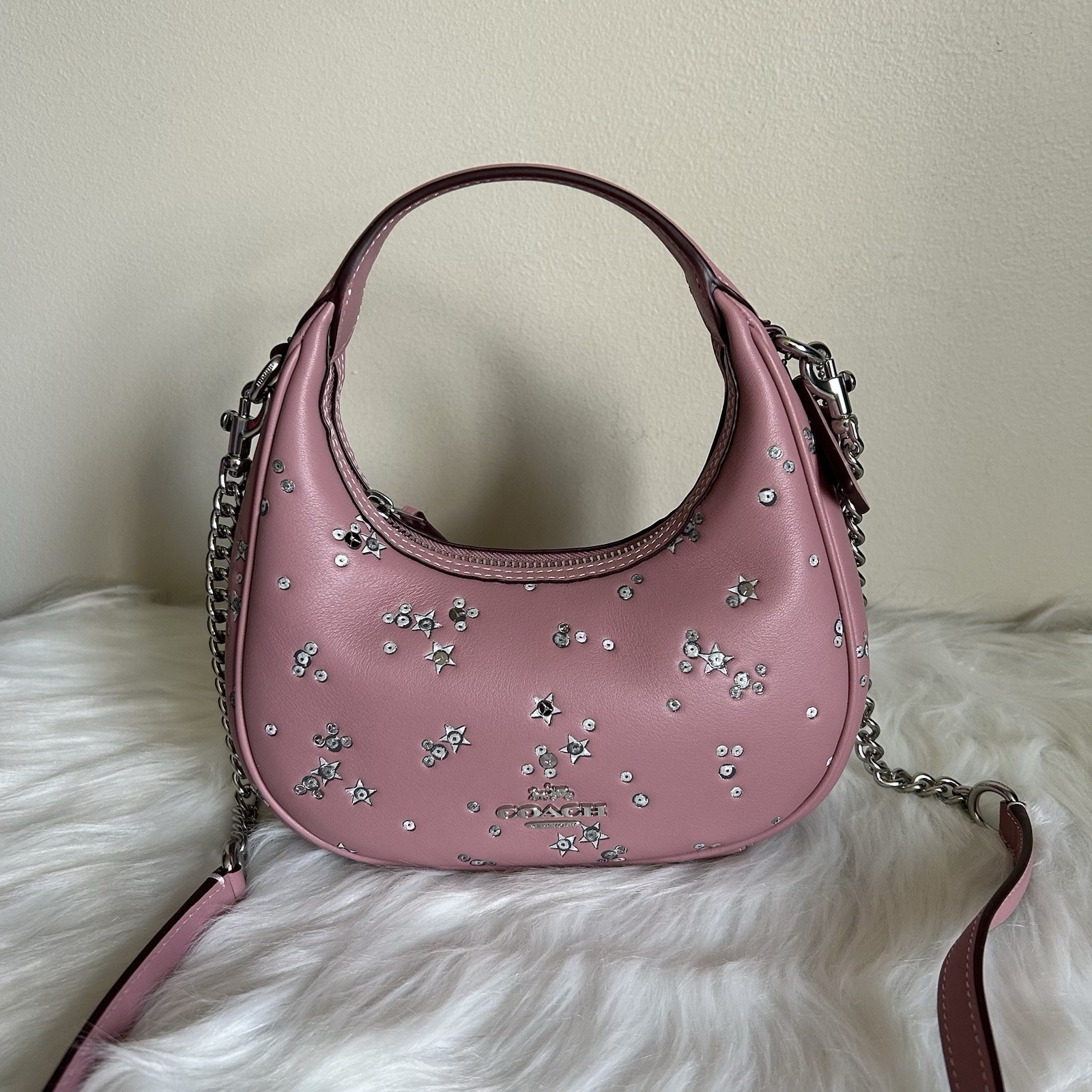 Coach Carmen Mini Crossbody Dusty Pink Leather Star Sequin Bag New